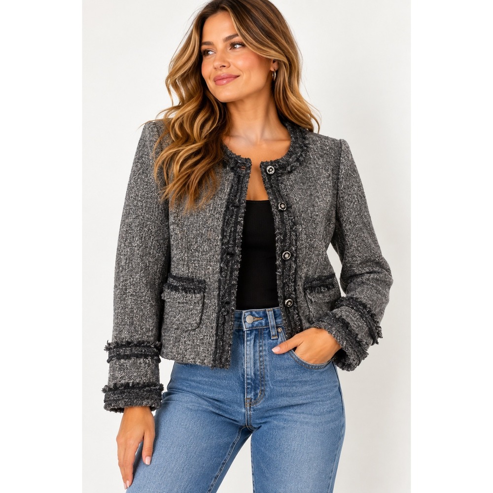 Vtg The Limited Blazer Women L Black Tweed Fringe Business Old Money Twee Career